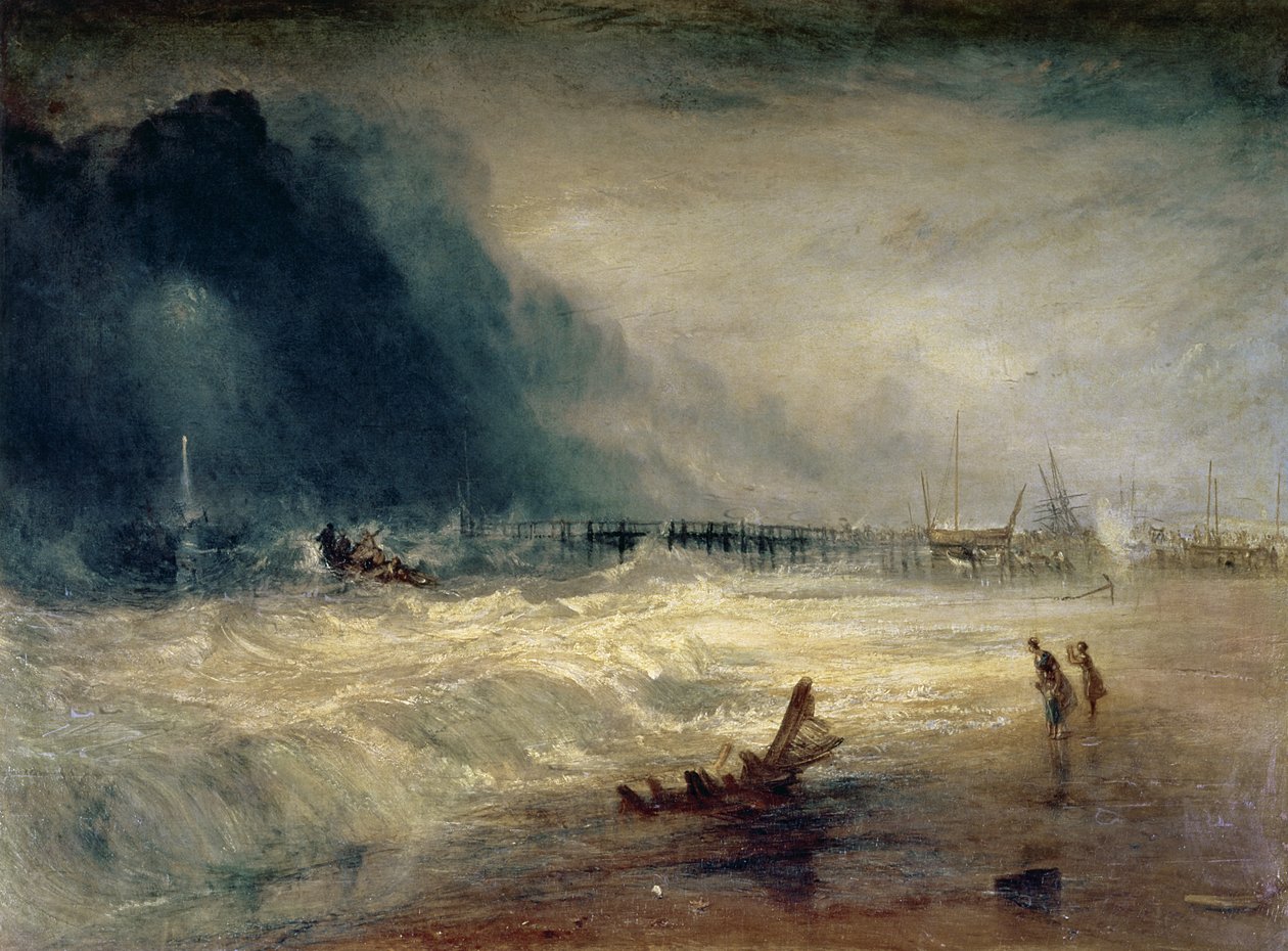 Canot de sauvetage et appareil Manby partant vers un navire échoué faisant un signal (lumières bleues) de détresse, vers 1831 - Joseph Mallord William Turner