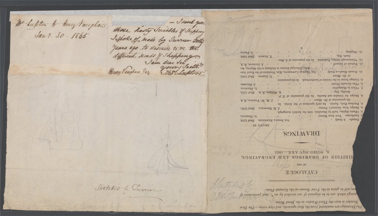 Esquisse de deux navires sur une page de catalogue - Joseph Mallord William Turner