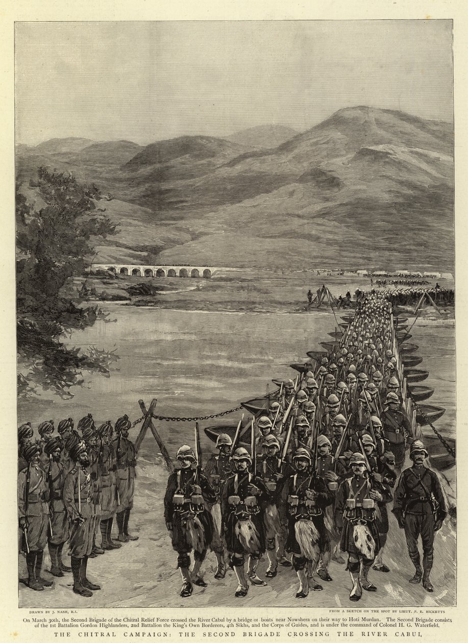 La campagne de Chitral, la deuxième brigade traversant la rivière Cabul - Joseph Nash