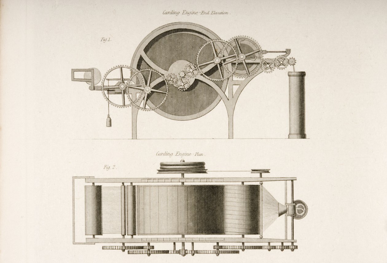 Machine à carder, vue de son extrémité et de dessus, c.1830 - Joseph Wilson Lowry