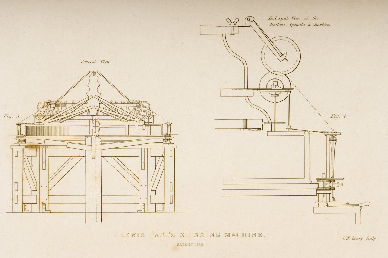 Dessin de la machine à filer de Lewis Paul, brevetée en 1758, vers 1830 - Joseph Wilson Lowry