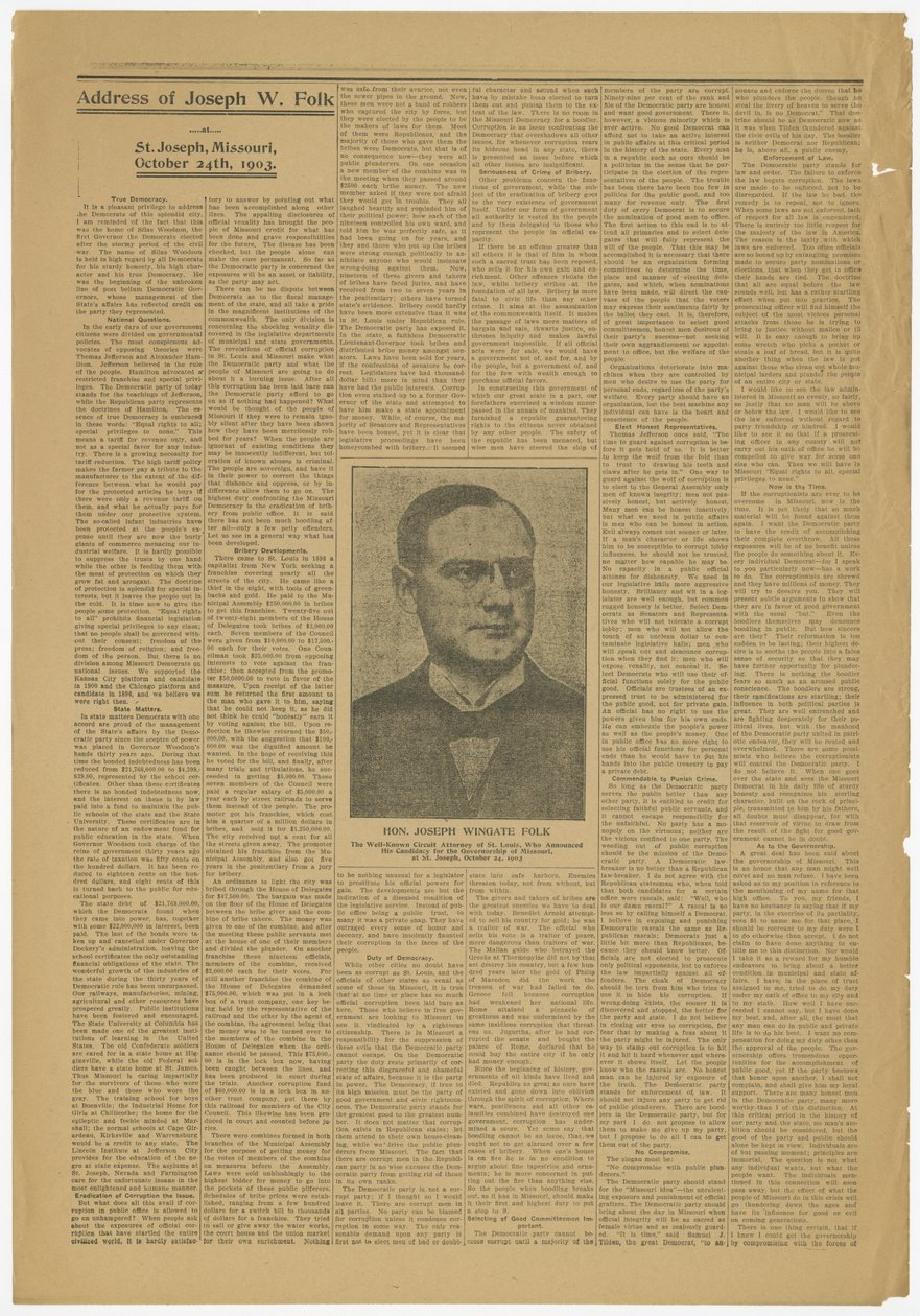 Discours de Joseph W. Folk, St. Joseph, Mo., candidat au poste de gouverneur du Missouri, 24 octobre 1903 - Joseph Wingate Folk