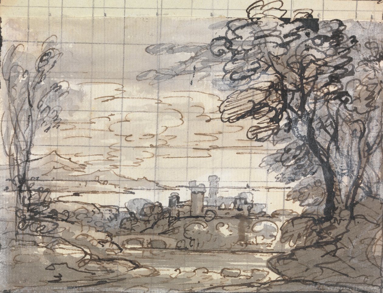 Rivière avec Château et Pont - Joseph Farington