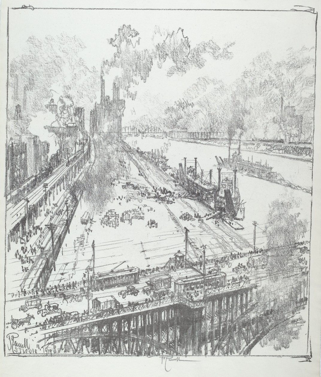 La levée depuis le pont Eads, St. Louis - Joseph Pennell
