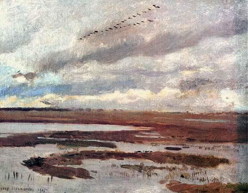 Grues, paysage de prairie - Jozef Marian Chemonski