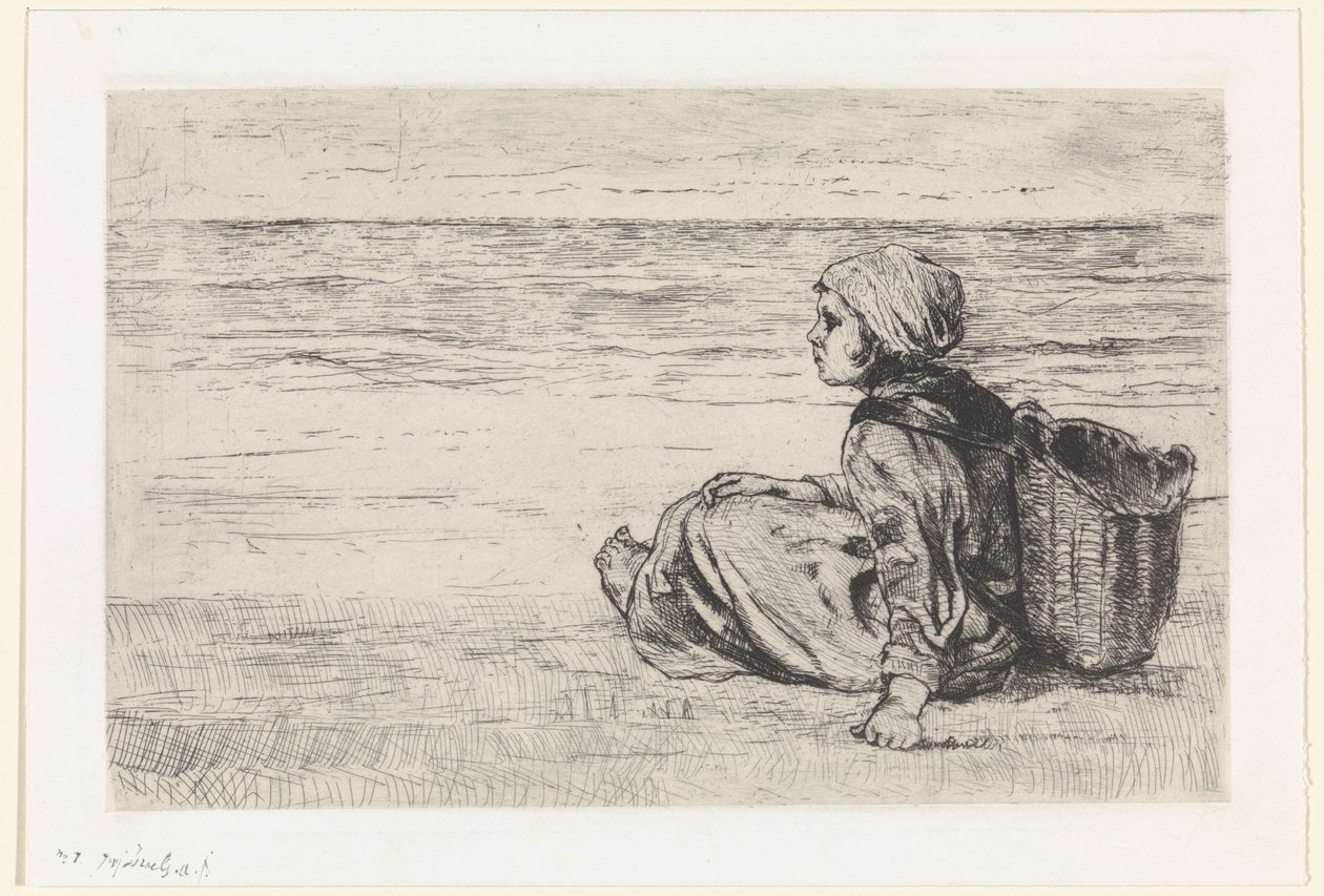 Fille au bord de la mer - Jozef Israëls (signed by artist)