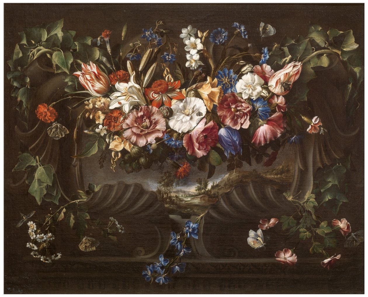 Guirlande de fleurs avec paysage - Juan de Arellano