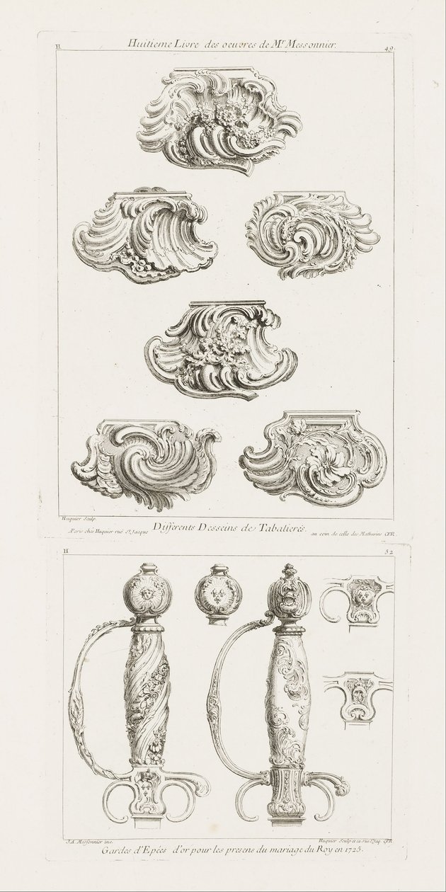 Différents desseins de tabatières, première planche (Différents dessins pour des tabatières), p. 49 dans Oe... - Juste Aurèle Meissonnier