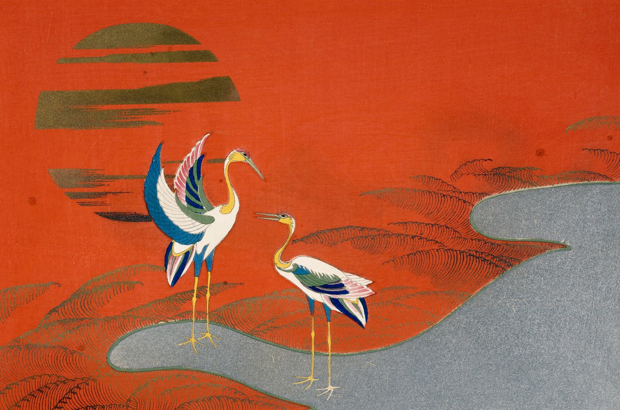 Oiseaux au coucher du soleil sur le lac - Kamisaka Sekka