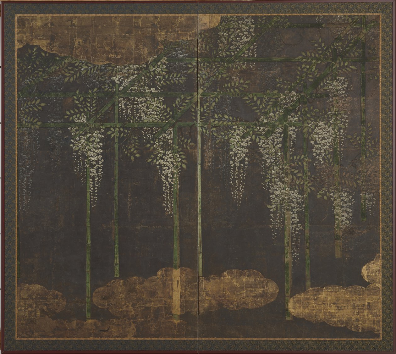 Glycine en fleurs sur une treille de bambou, écran (deux panneaux), XVIe-XVIIe siècle - Kano Eitoku