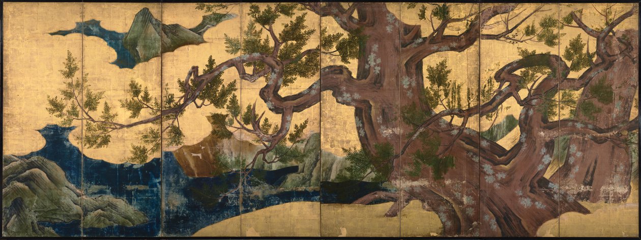 Arbre de cyprès Écran pliant à huit volets, 1590 - Kano Eitoku