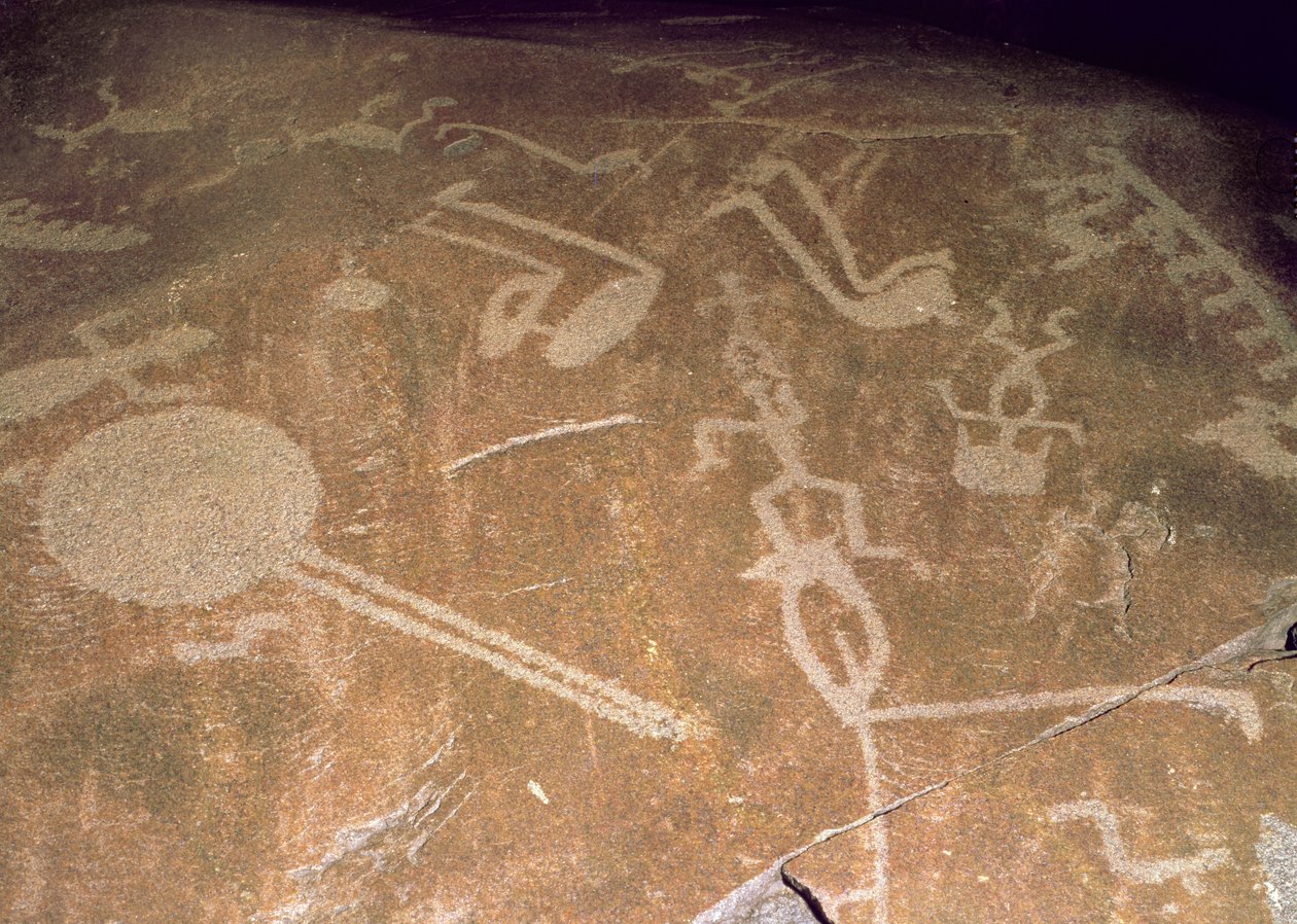 Petroglyphe sculpté représentant des figures, des cerfs, des élans, des oiseaux, des bateaux et des cercles, 3e millénaire av. J.-C. - Karelian