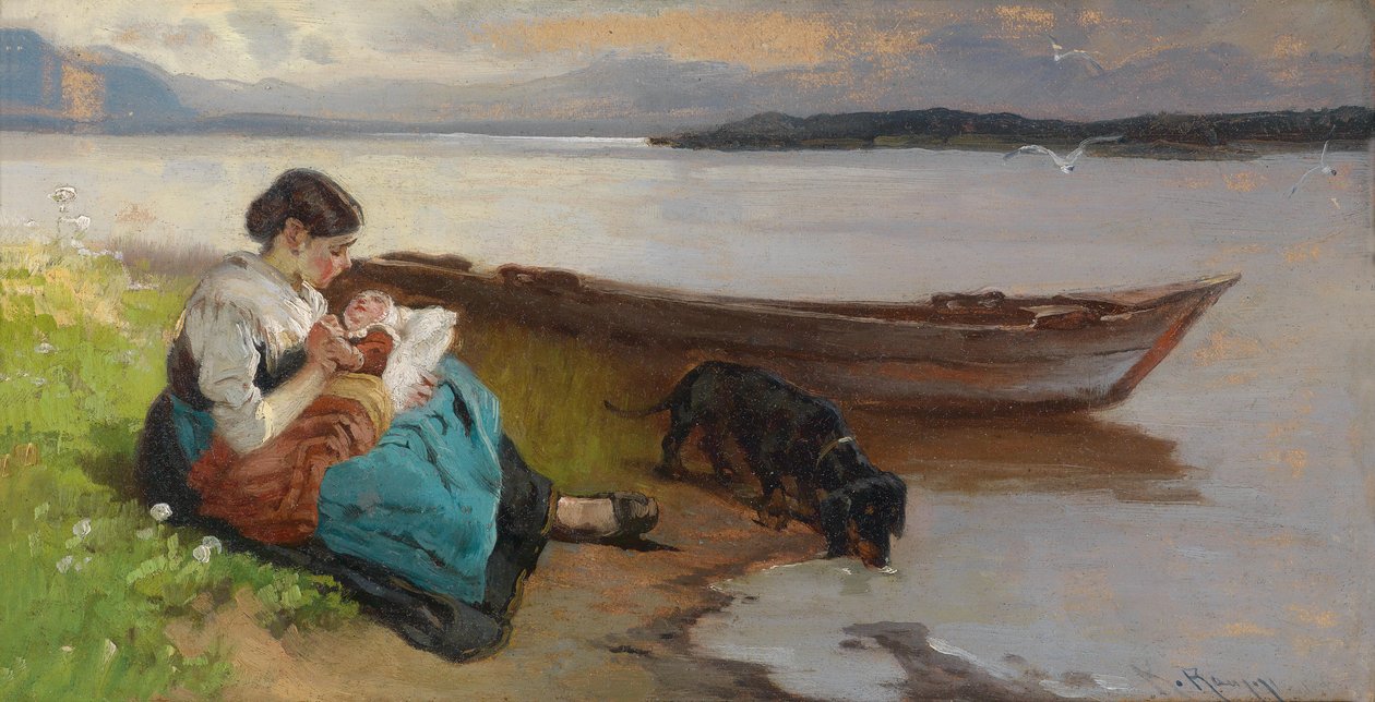 Mère avec enfant au bord du lac - Karl Raupp