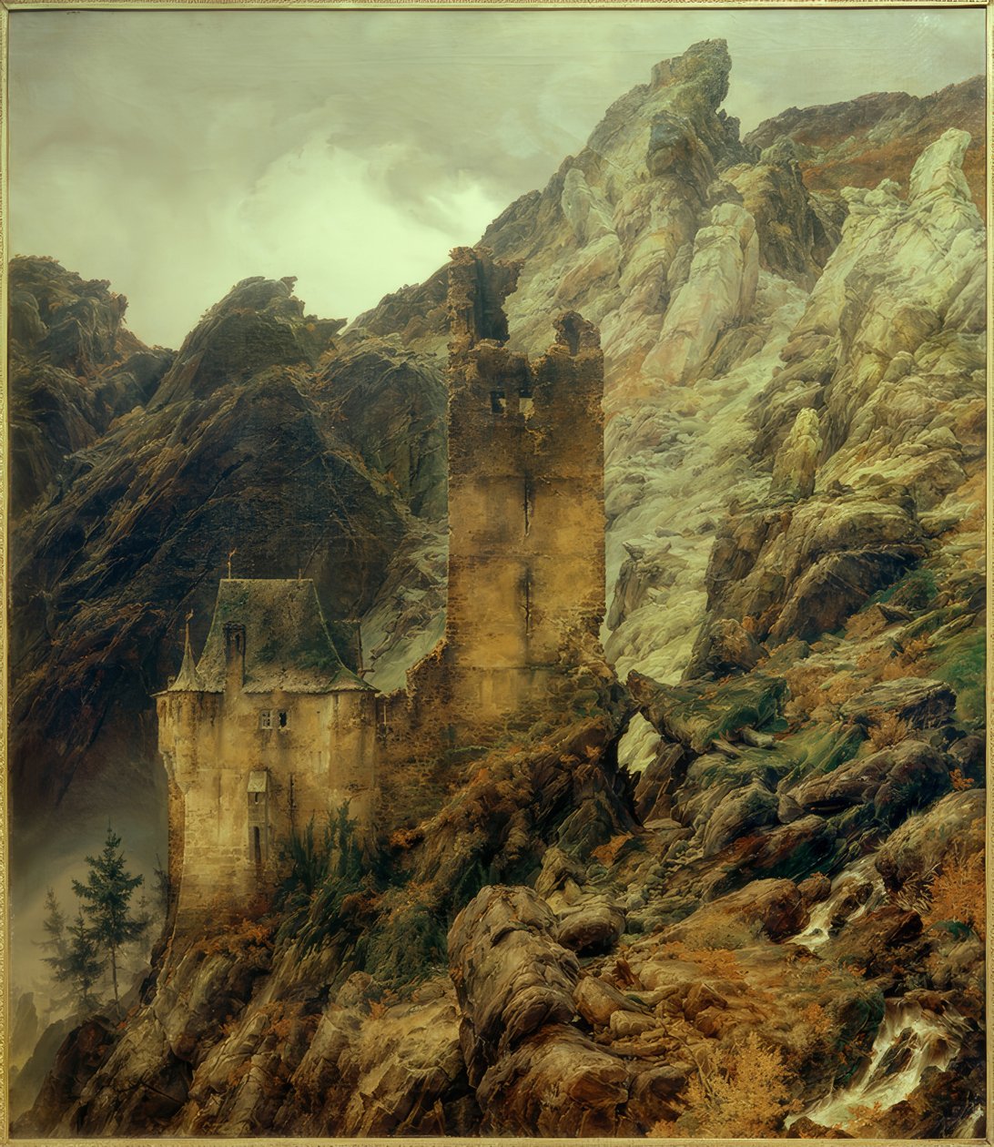 C.F.Lessing, Paysage rocheux : Gorge avec ruines - Carl Friedrich Lessing