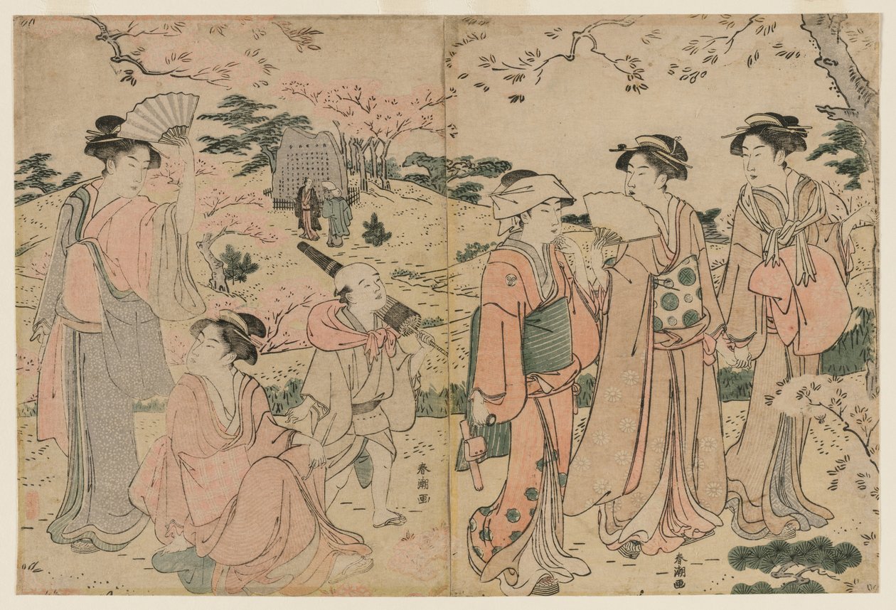 Femmes regardant les cerisiers en fleurs à Asukayama - Katsukawa Shuncho