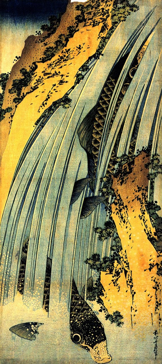 Deux carpes dans une cascade - Katsushika Hokusai