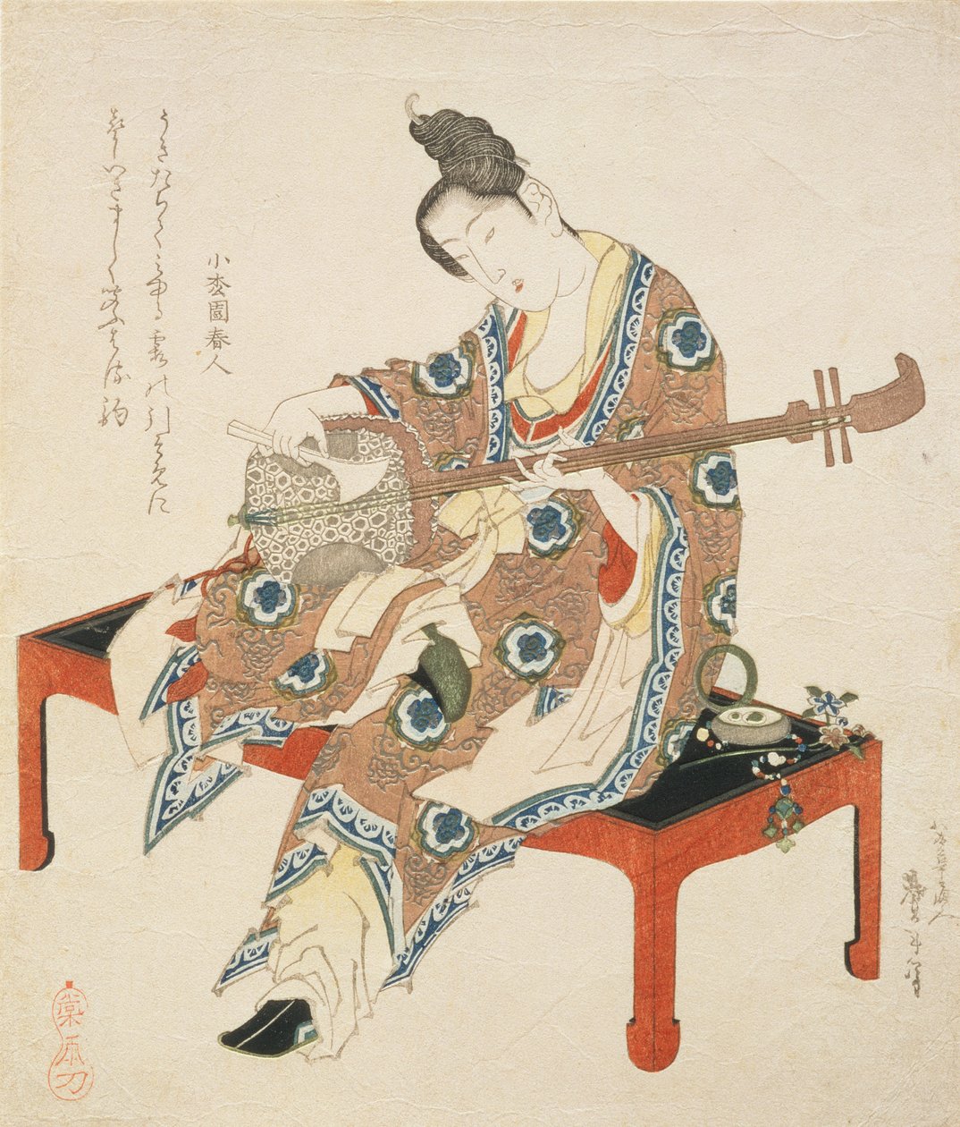 Beauté chinoise jouant du shamisen, c.1833-34 (estampe sur bois) - Katsushika II Taito