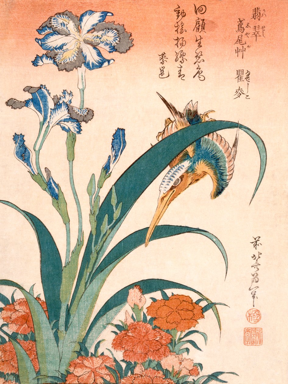 Martin-pêcheur, iris et œillets - Katsushika Hokusai