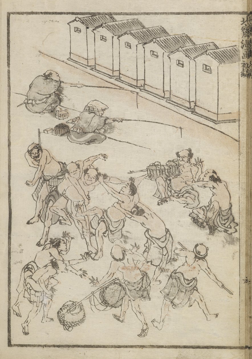 Hommes luttant et pêchant (gravure sur bois) - Katsushika Hokusai