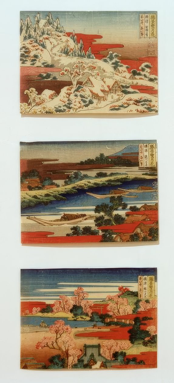Neige, lune et fleurs dans de beaux paysages - Katsushika Hokusai