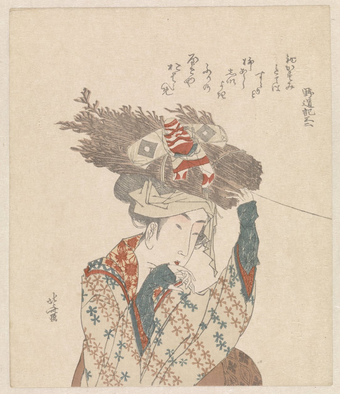 Femme avec un fagot de brindilles et un cerf-volant - Katsushika Hokusai