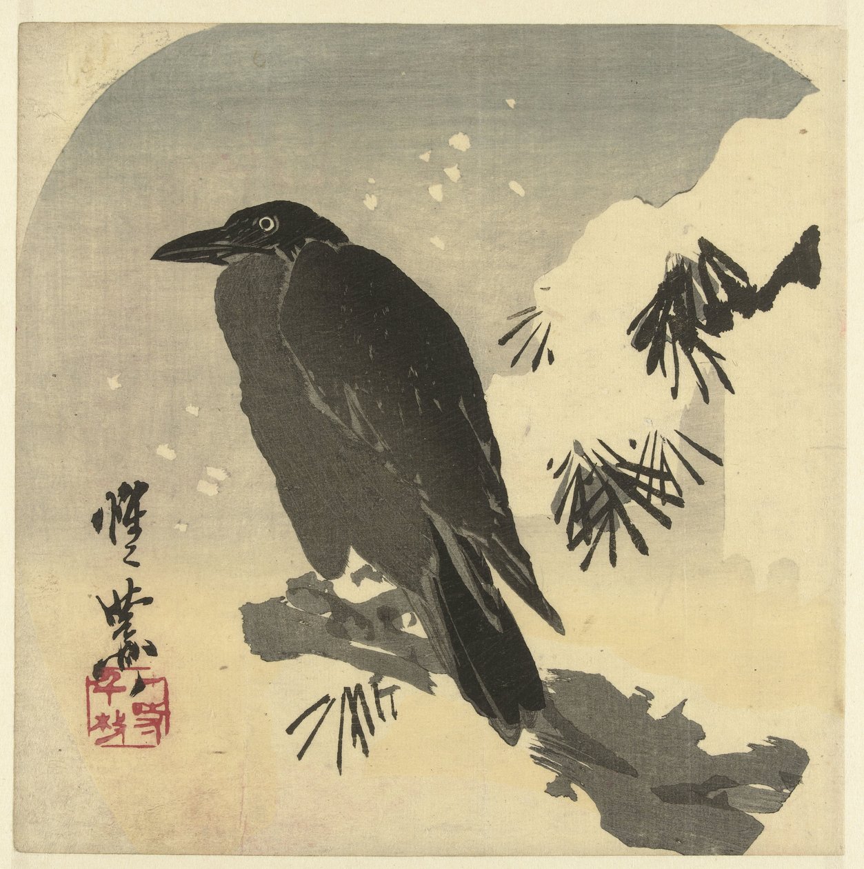 Corbeau sur une branche de pin enneigée - Kawanabe Kyosai