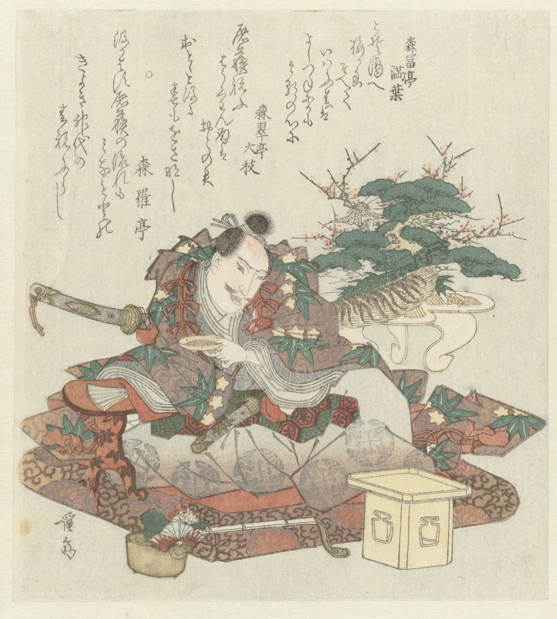 Samouraï avec une coupe de saké à la main - Keisai Eisen