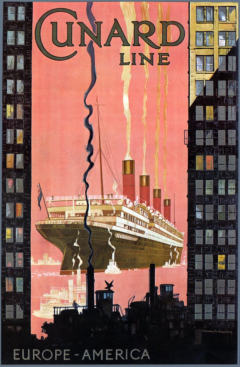Affiche de la ligne Cunard Europe-Amérique, USA, vers 1900 - Kenneth Shoesmith