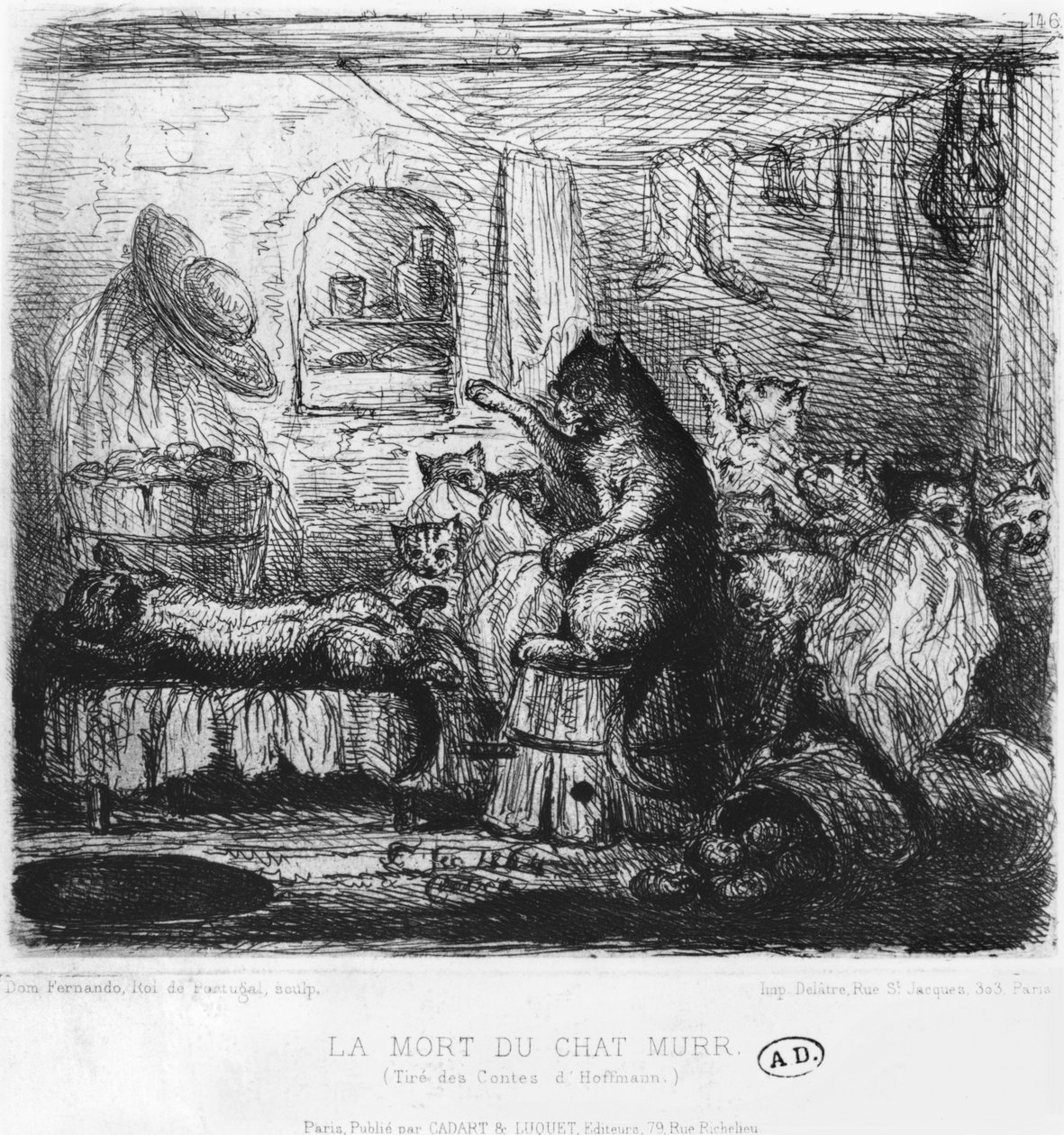Mort du chat Murr, illustration de Die Lebensansichten des Katers Murr par Ernst Theodor Amadeus Hoffmann (1776-1822) publié 1820-22 - King of Portugal Fernando II