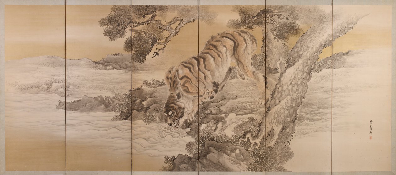 Écran à six volets représentant un tigre buvant, 1749-1838 - Kishi Ganku
