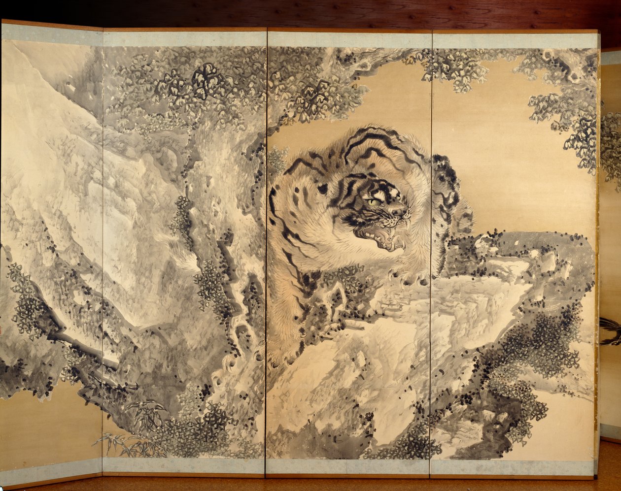 Écran à six volets représentant un tigre rugissant - Kishi Ganku