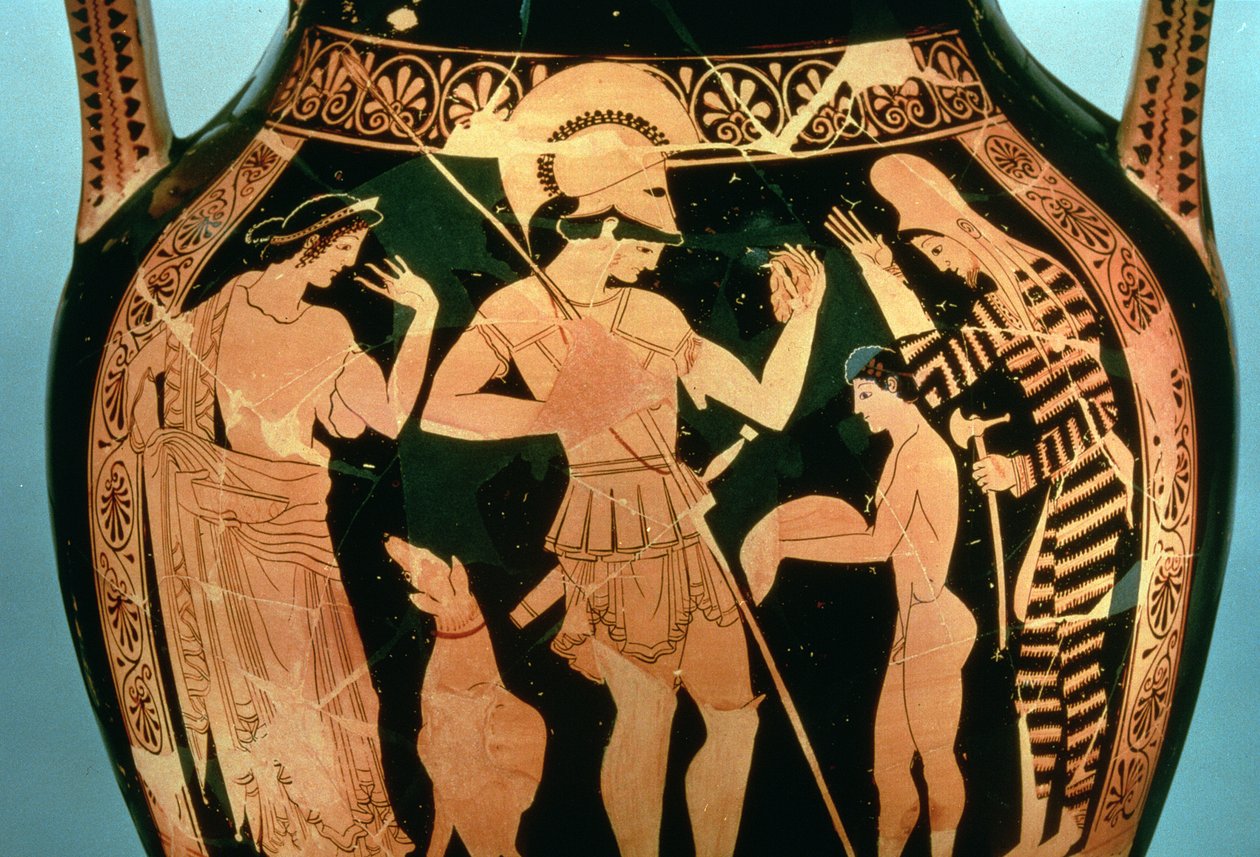 Vase à figures rouges attiques représentant un soldat participant à un rituel de divination avant de combattre, 490-480 av. J.-C. - Kleophrades Painter