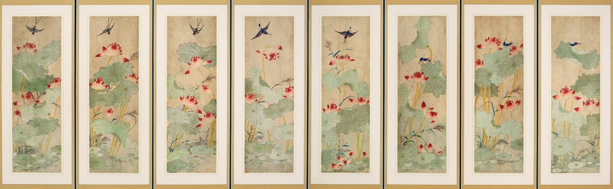 Fleurs de lotus et oiseaux - Korean School