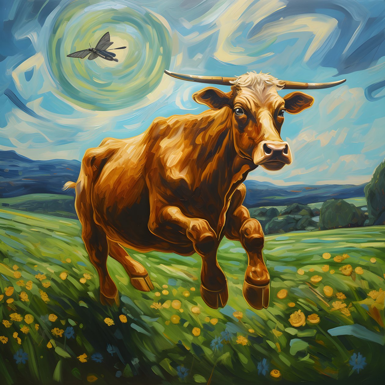 Vache volant au-dessus d