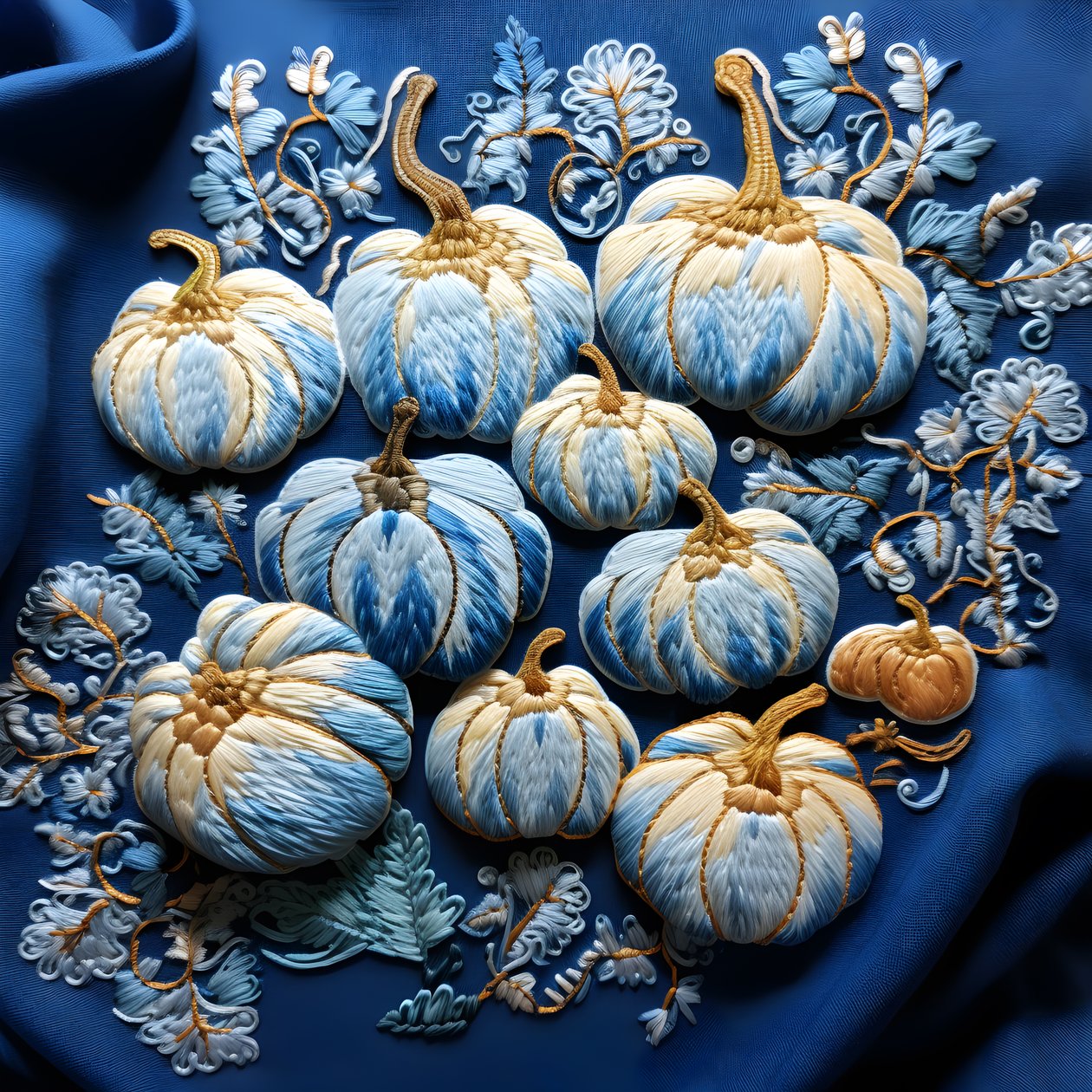 citrouilles brodées en tons bleus 1 - Kurt Heppke