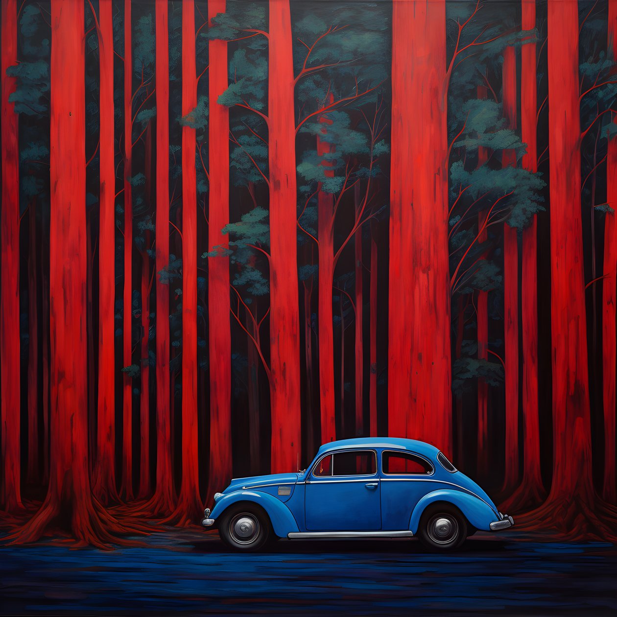 voiture bleue dans une forêt rouge 2 - Kurt Heppke