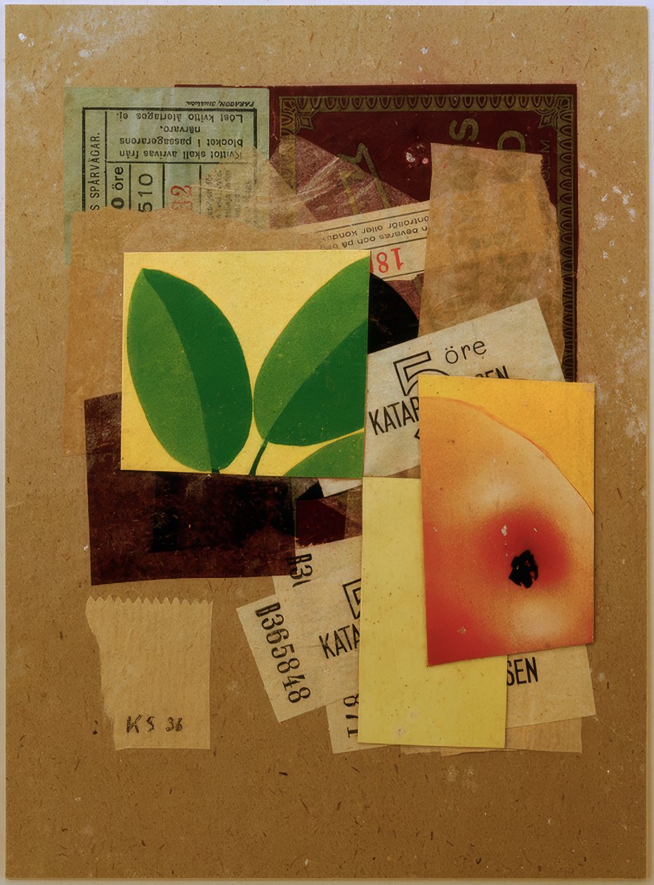 Sans titre (Avec morceau de pomme et feuilles vertes) - Kurt Schwitters