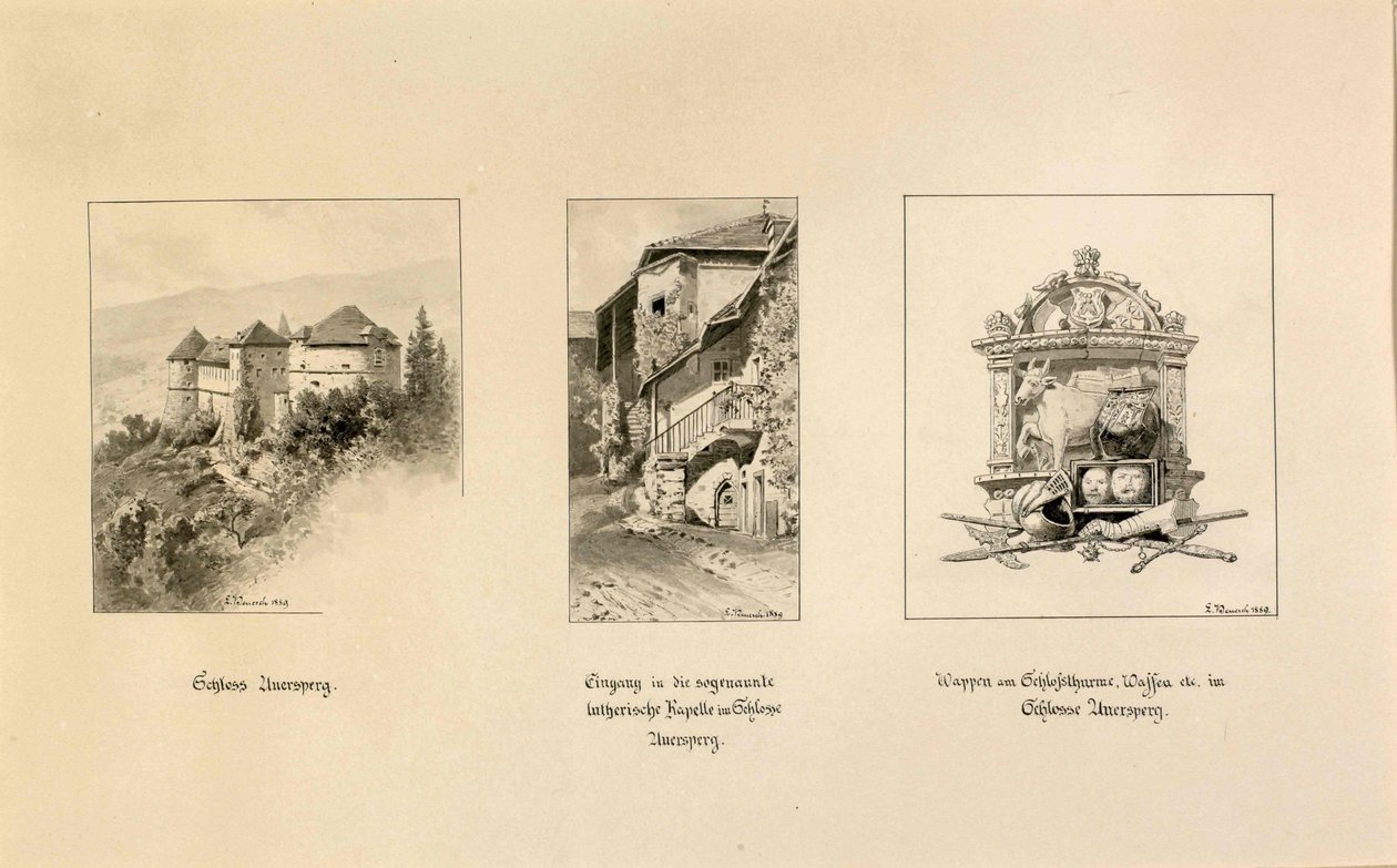 Turjak : Vue sur le château de Turjak ; Entrée de la chapelle luthérienne ; Blason de Turjak - Ladislav Benesch
