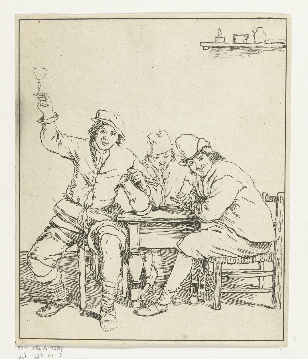 Trois hommes à table fumant et buvant - Leendert Brasser
