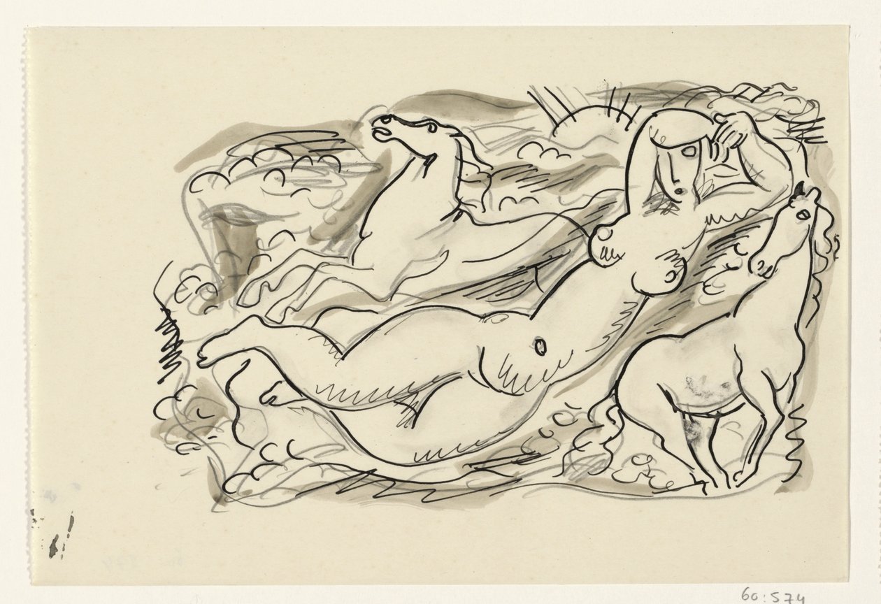Femme nue et deux chevaux dans la mer - Leo Gestel