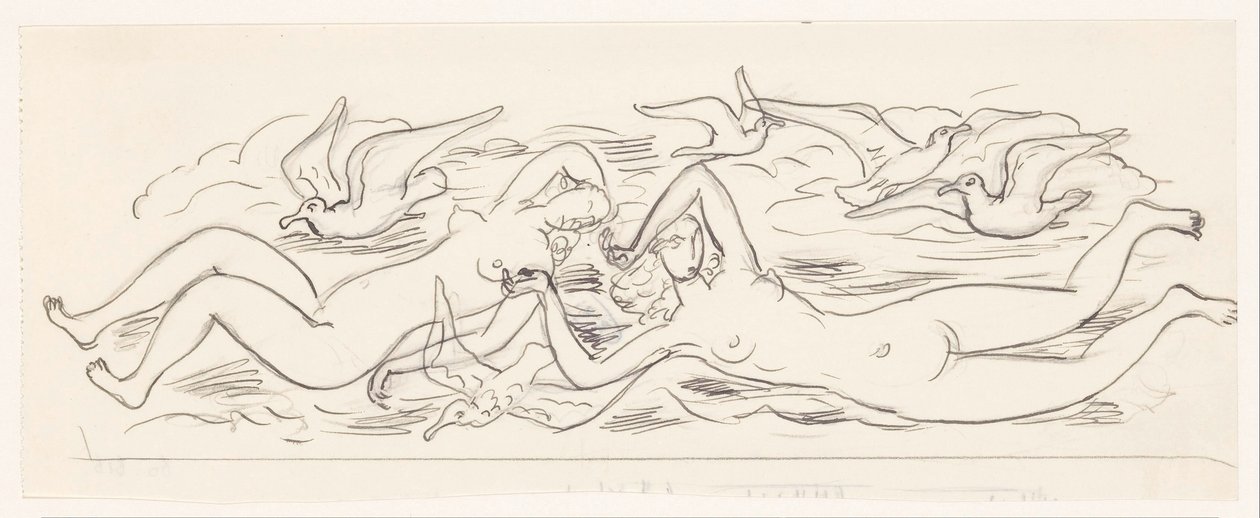 Deux femmes nues nageant et cinq mouettes - Leo Gestel