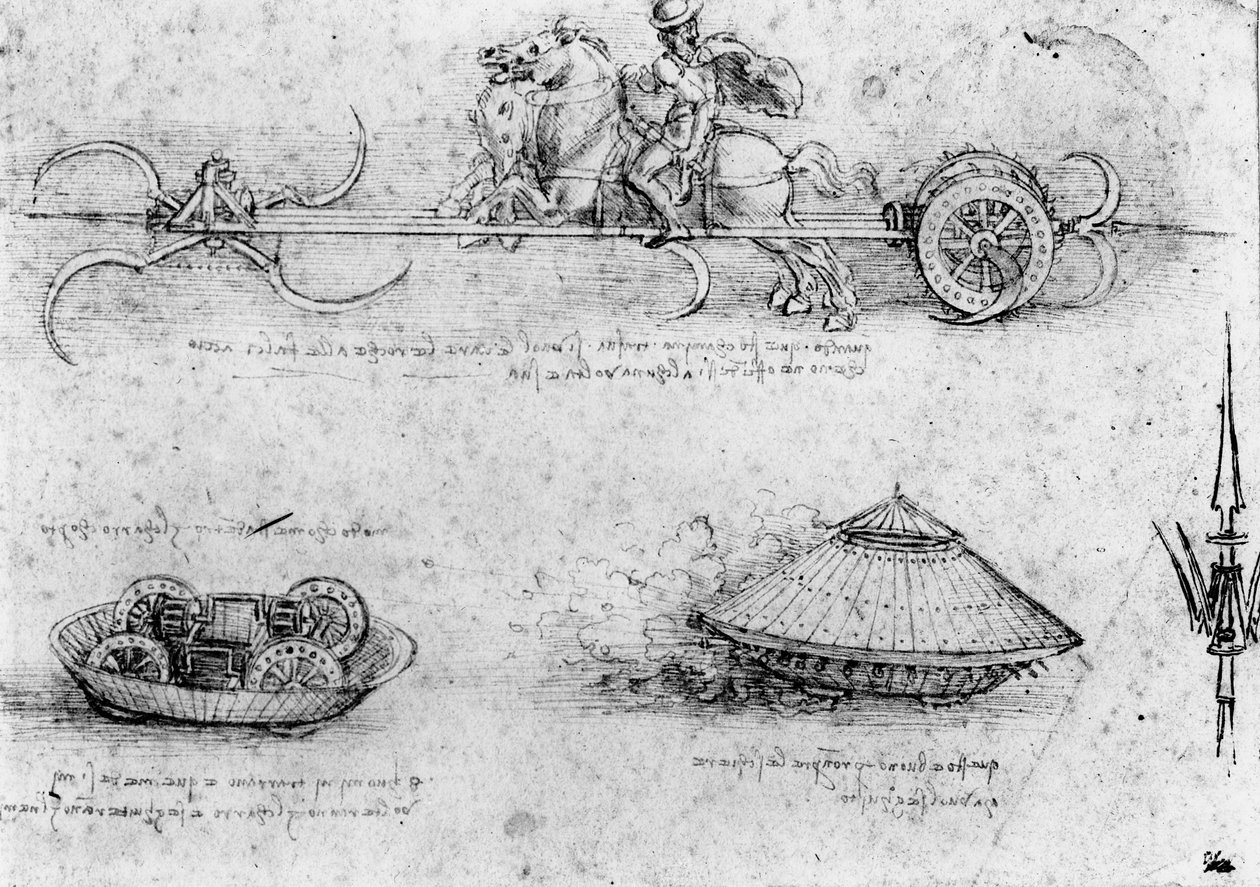 Études de machines militaires ressemblant à des chars ; y compris une en haut avec des chevaux tirant un engin avec des faux tournantes, c.1485 - Leonardo da Vinci