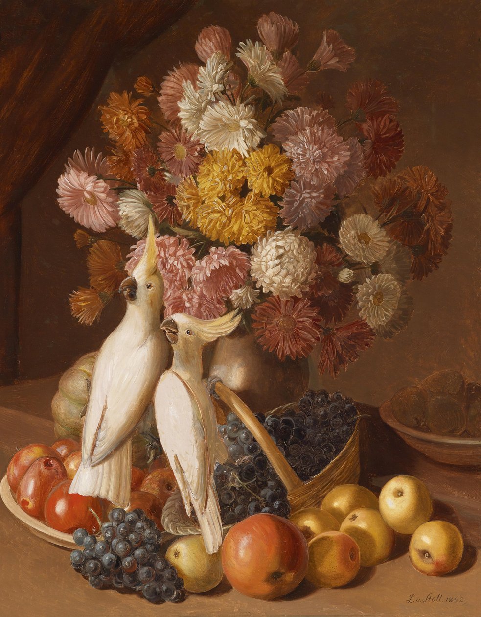 Nature morte avec fleurs, fruits et perruches - Leopold von Stoll