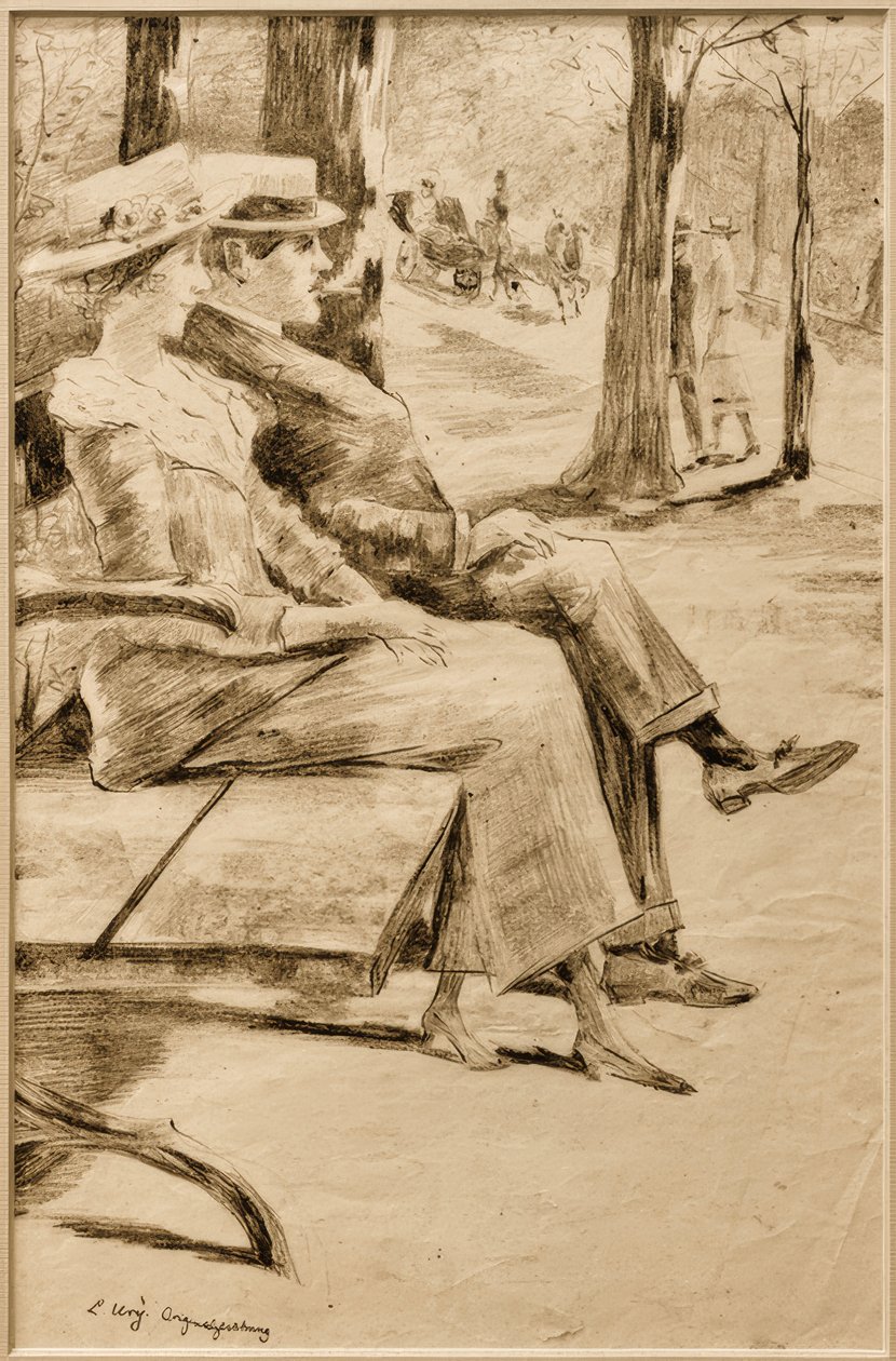 Dame et homme fumant sur un banc dans le Tiergarten - Lesser Ury