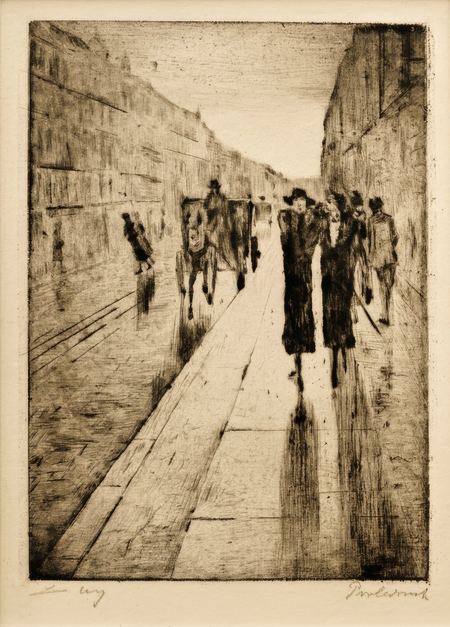 Promeneurs sous la pluie devant une calèche - Lesser Ury