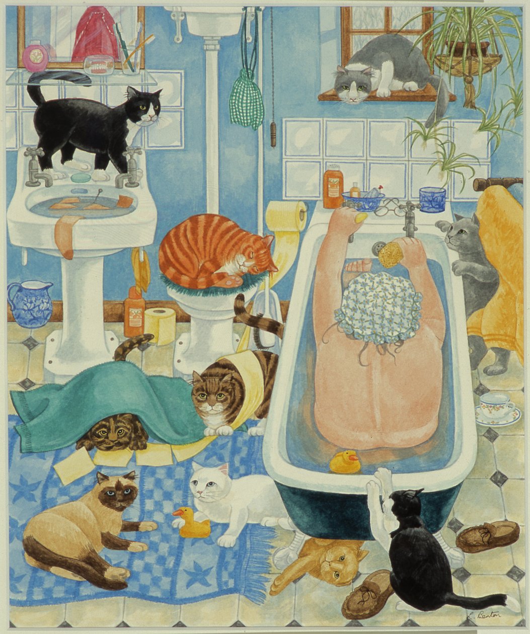 Grand-mère et 10 chats dans la salle de bain - Linda Benton