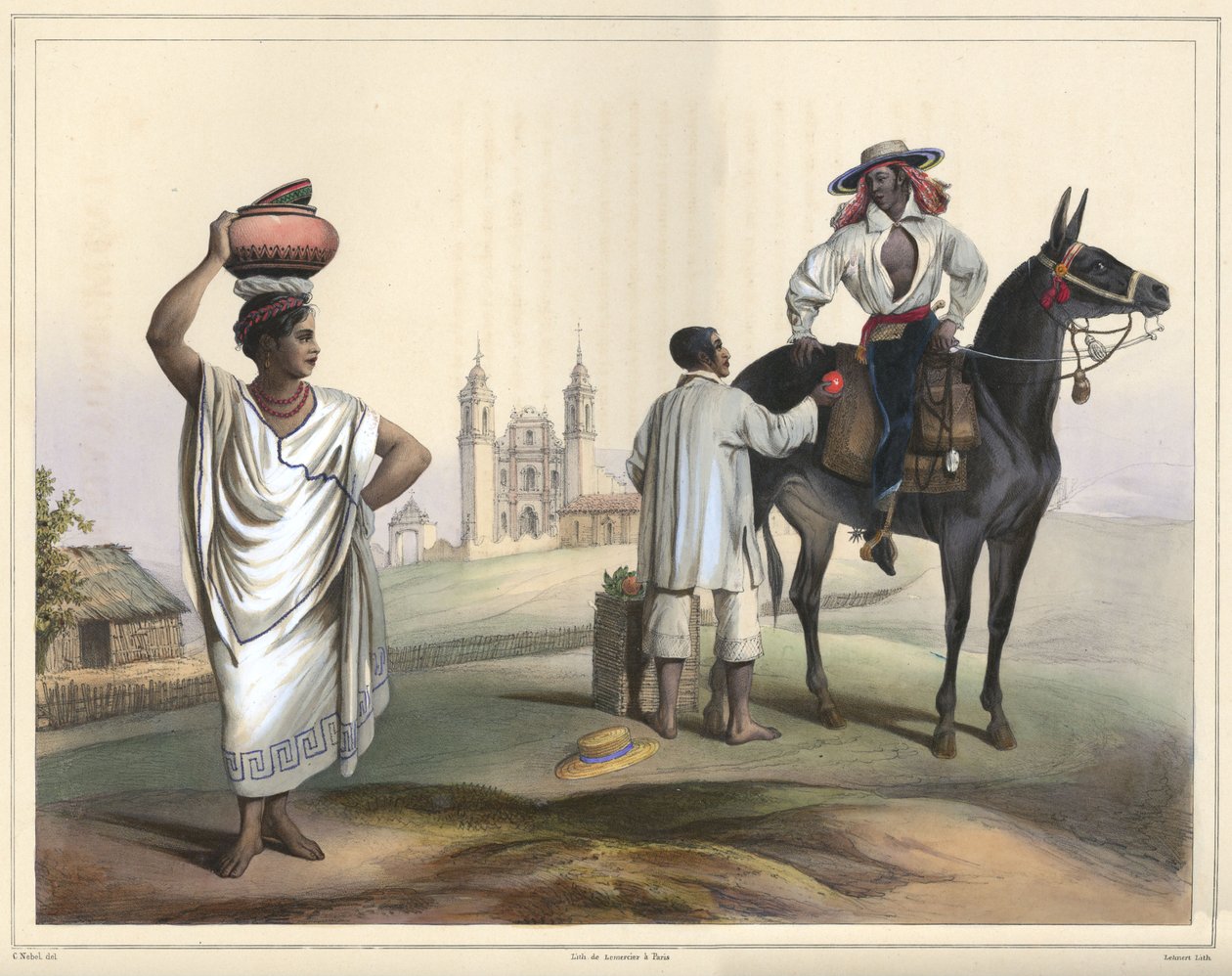 Gente de Tierra Caliente entre Papantla y Misantla. Groupe de costumes. Lithographie colorée à la main avec gomme arabique. Taille originale (lignes nettes) - Lithograph by Pierre Frédéric Lehnert