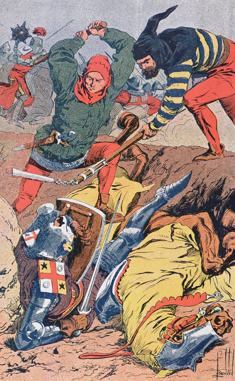 Citoyens flamands, combattant à pied, battent les chevaliers français bien armés et montés à la bataille des Éperons d