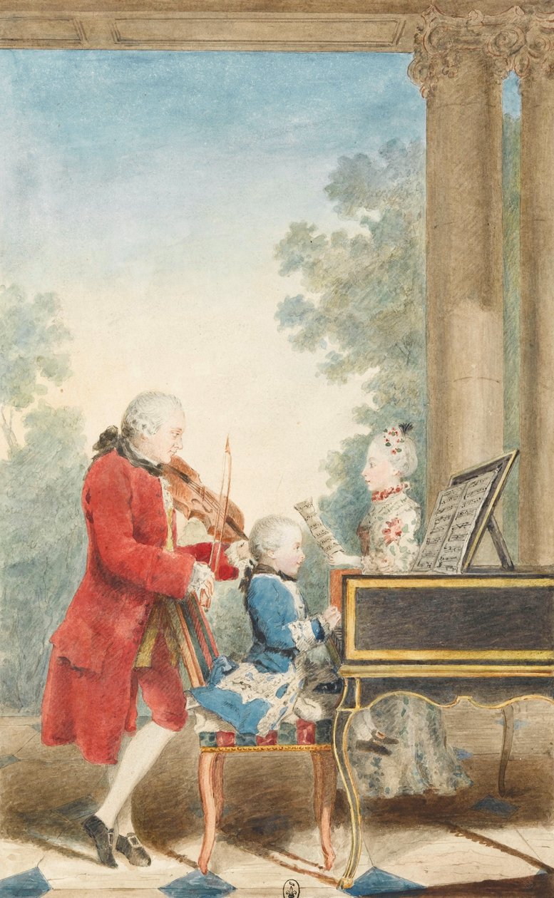 Portrait de Wolfgang Amadeus Mozart (Salzbourg, 1756-Vienne, 1791) jouant à Paris avec son père Jean... - Louis Carrogis dit Carmontelle