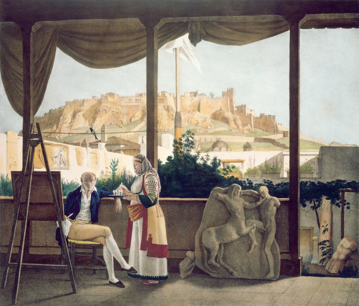 Le consul français, Monsieur Fauvel, sur la terrasse de sa maison à Athènes, gravé par les frères Thierry, 1825 - Louis Dupré